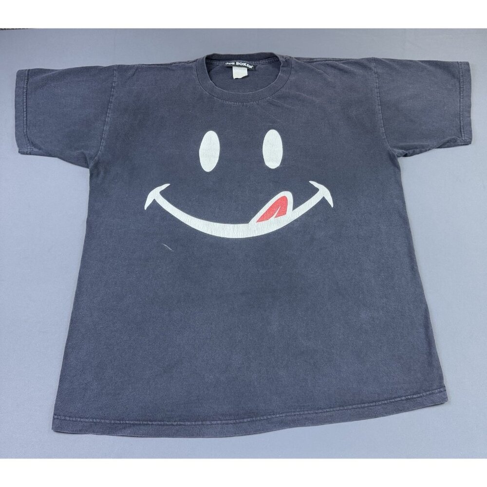 Rare Vintage 90s Joe Boxer Smiley Art Black Sun Fade Shirt 2XL Fit Hype Designer